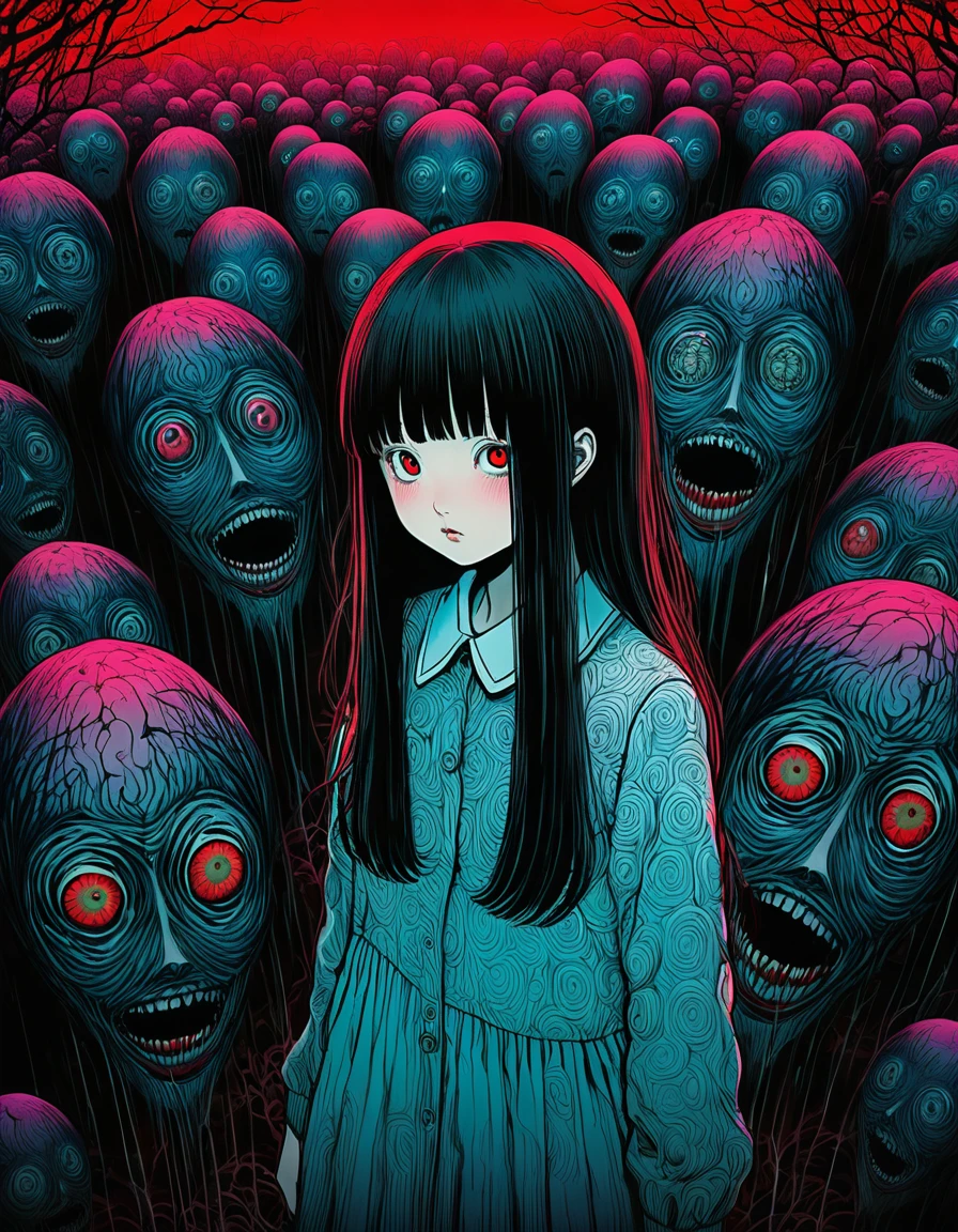 surreal horror, anime style, directed by Junji Ito, high contrast, vivid colors, eerie atmosphere, psychological tension, intricate line work, decapitated heads