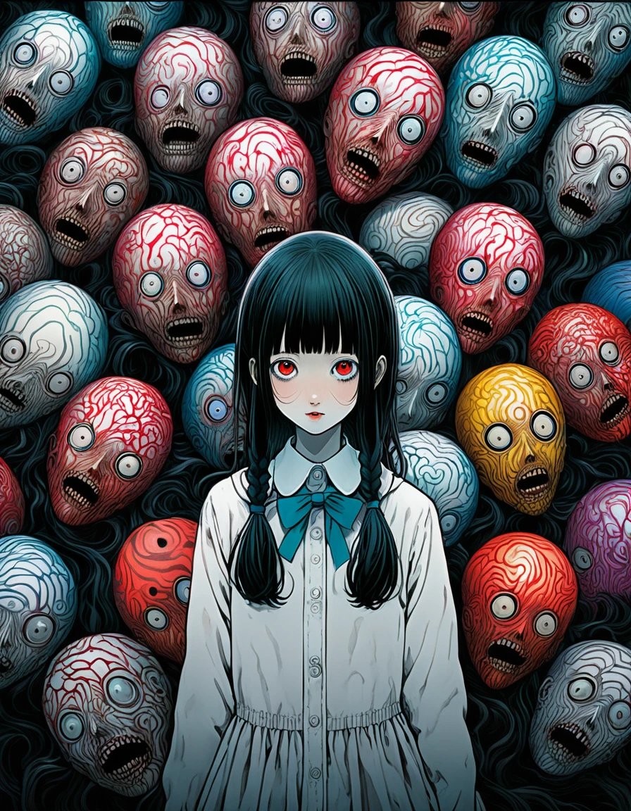 surreal horror, anime style, directed by Junji Ito, high contrast, vivid colors, eerie atmosphere, psychological tension, intricate line work, decapitated heads