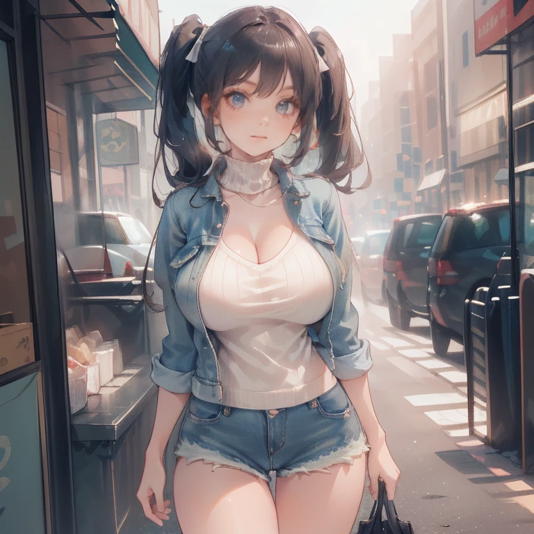 Anime Kawaii sexy Perfect Slim sensual body large breast and huge thighs, An intricate and highly detailed illustration of anime (Young girl) ((perfect anatomy, super detailed skin)), 1 girl, japanese, , shiny skin, watching the view,
beautiful hair, beautiful face, beautiful detailed eyes, (long hair:1.4, twintail:1.6), (babyface), large breasts:0.5, seductive arms, seductive thighs,
((sweater, denim shorts, denim jacket)),
(smile), walking,
(beautiful scenery), inside convenience store,
(8k, top-quality, masterpiece, extremely detailed), (photorealistic), beautiful illustration, cinematic lighting,