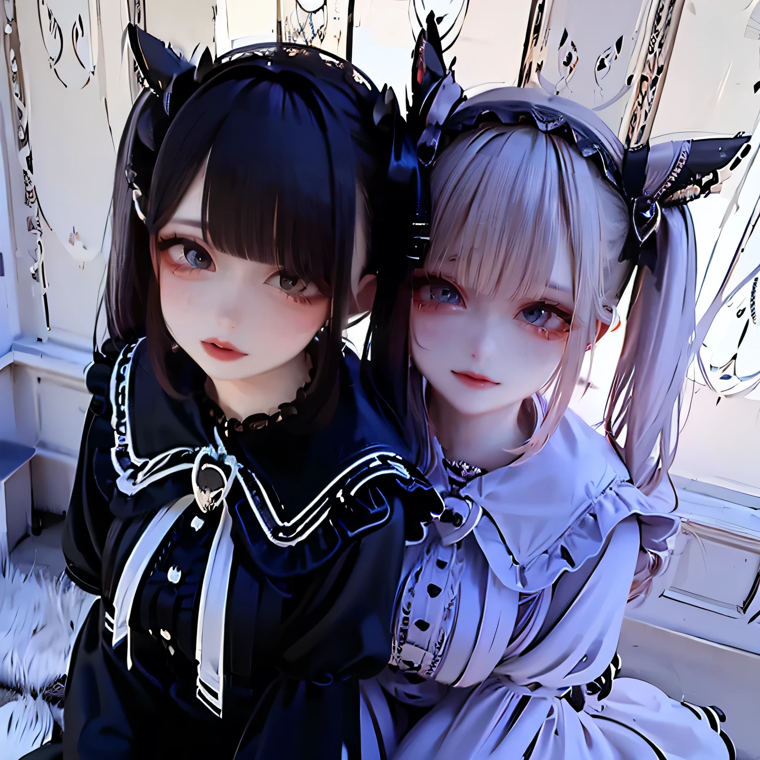 (8k, RAW Photos, Very delicate and beautiful, Ultra-high resolution, Highest quality, masterpiece: 1.2), (Real、Photorealistic: 1.4), (Highly detailed 8K wallpapers, 3d), Cute girl like a doll, highly detailed dress, Gothic, Eta, Big ribbon, Twin tails, Blunt bangs, Highly detailed glossy black hair, Transparent white skin, Pink Cheeks, large, round eyes, Tear bags, Long eyelashes, Thin lips, slightly raised corners of the mouth, round face, Simple Background, From above, Looking at the camera, The best light, Perfect composition, 
