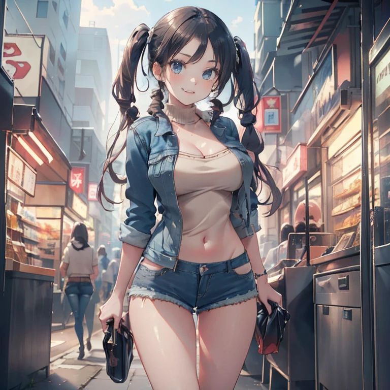 Anime Kawaii sexy Perfect Slim sensual body large breast and huge thighs, An intricate and highly detailed illustration of anime (Young girl) ((perfect anatomy, super detailed skin)), 1 girl, japanese, , shiny skin, watching the view,
beautiful hair, beautiful face, beautiful detailed eyes, (long hair:1.4, twintail:1.6), (babyface), large breasts:0.5, seductive arms, seductive thighs,
((sweater, denim shorts, denim jacket)),
(smile), walking,
(beautiful scenery), inside convenience store,
(8k, top-quality, masterpiece, extremely detailed), (photorealistic), beautiful illustration, cinematic lighting,