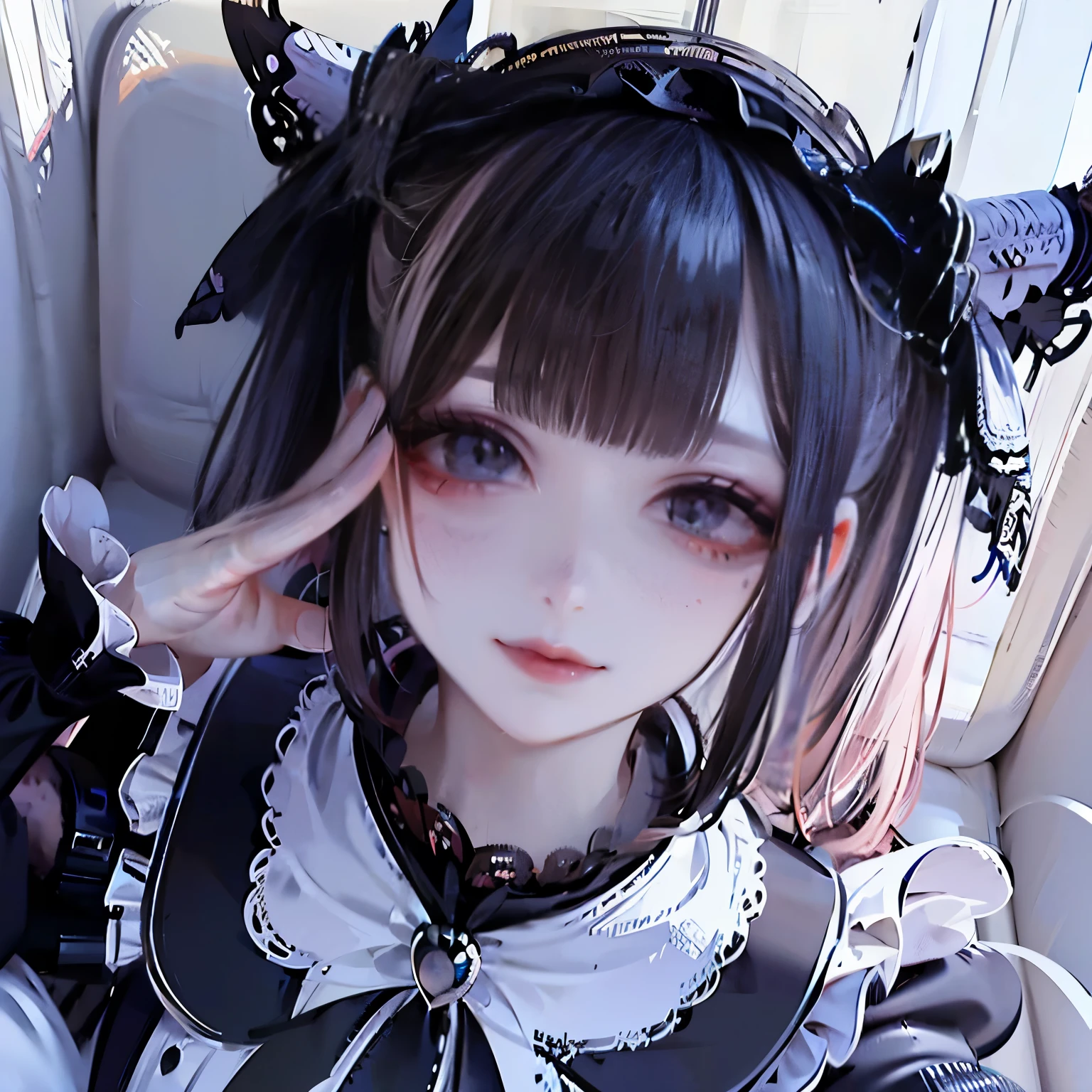 (8k, RAW Photos, Very delicate and beautiful, Ultra-high resolution, Highest quality, masterpiece: 1.2), (Real、Photorealistic: 1.4), (Highly detailed 8K wallpapers, 3d), Cute girl like a doll, highly detailed dress, Gothic, Eta, Big ribbon, Twin tails, Blunt bangs, Highly detailed glossy black hair, Transparent white skin, Pink Cheeks, large, round eyes, Tear bags, Long eyelashes, Thin lips, slightly raised corners of the mouth, round face, Simple Background, From above, Looking at the camera, The best light, Perfect composition,