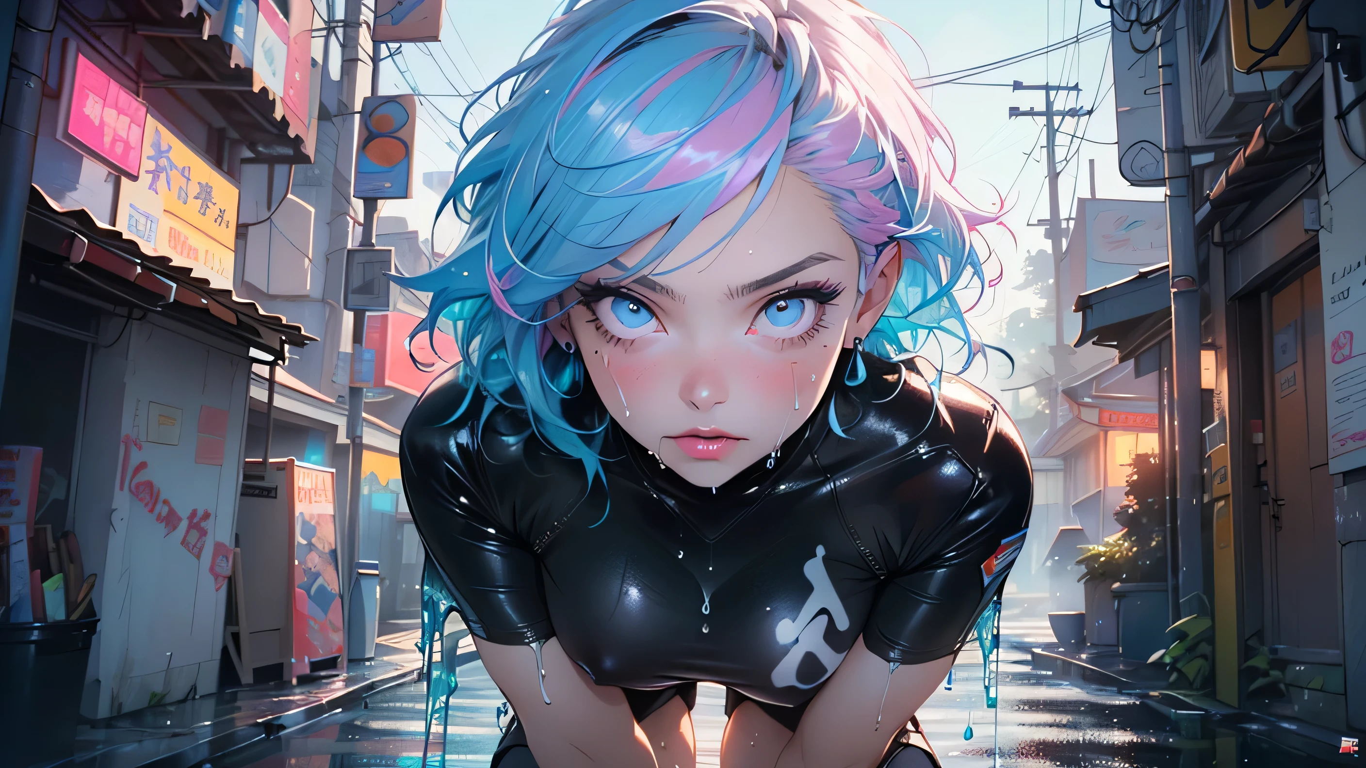 cute cartoon girl,(((1girl))),((extremely cute cartoon girl with liquid paint hair)),
(large breasts:1.4),(((very long hair,absurdly long hair,hair down to the waist,liquid paint hair:1.1,neon purple hair|neon pink hair|neon blue hair|neon aqua hair|purple hair|fuchsia hair|fluorescent blue hair|amethyst hair|neon hair|bright pink hair :1.5,bright hair: 1.3,hair made of paint and defies gravity,thick flowing,paint splatter:1.3,shiny hair: 1.3,vibrant colored hair))),((heterochromia:1.5, (purple_eye and pink_eye))),intricate eyes,beautiful detailed eyes,symmetrical eyes,((fat)),(((lustrous skin:1.5,bright skin: 1.5,skin tanned,shiny skin,very shiny skin,shiny body,plastic glitter skin,exaggerated shiny skin,illuminated skin,wet legs))),(spider lower abdomen,narrow waist,wide hip,athletic body,inflated legs, thick thighs,detailed body,(detailed face)),
cute,slutty,seductive,erotic,(nsfw)
(((liquid paint clothes,clothes made of liquid paint,body paint))),underboob,with liquid paint micro clothes,body paint,dripping paint,liquid pain tiny thong,bare legs,((wet liquid paint clothes,detailed outfit,detailed liquid paint clothes)),
(dynamic pose:1.0),solo focus,embarrassed,(centered,scale to fit dimensions,Rule of thirds),
cyberpunk city by the ocean at night, with bright neon signs and dark stormy clouds and puddles, scenery:1.25,nighttime, starry night, cosmos,Very dark night that makes the neon lights stand out, very bright neon lights,nighttime, starry night, cosmos,
artistic photography,(photography taken by sldr),highres, sharp focus,(ultra detailed, extremely detailed), (photorealistic artwork:1.37),(extremely detailed CG unity 8k wallpaper),((synthwave background theme)),(((vibrant colors))),intricate,(intricate background),(masterpiece),(best quality),perfect rendered face,perfect face details,realistic face,photo realistic,analog style,((intricate detail)),(((realism))),