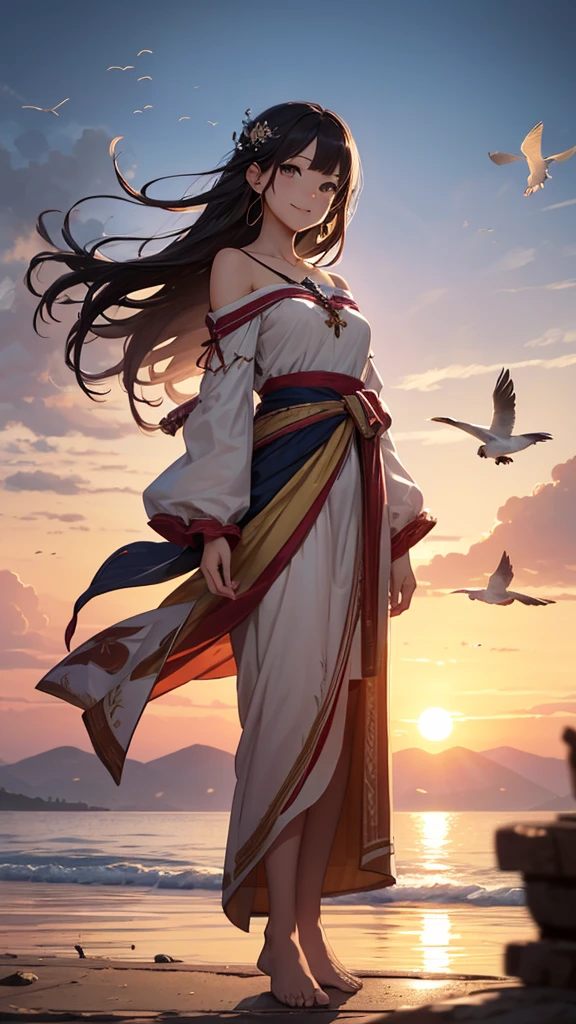 (masterpiece、Highest quality、Highest quality、Beautiful and beautiful:1.2)、Panorama、(Standing posture:1.2)、Amber sunset、Beautiful Face、Beautiful Eyes、Ultra-detailed、Soft Focus、Braided long hair、Beautiful smile、Off-the-shoulder outfit with soft sleeves and long hem、Swaying in the Wind、barefoot、Pure、charm、bird on shoulder、Seagull、Sharp Focus、Fantasy art