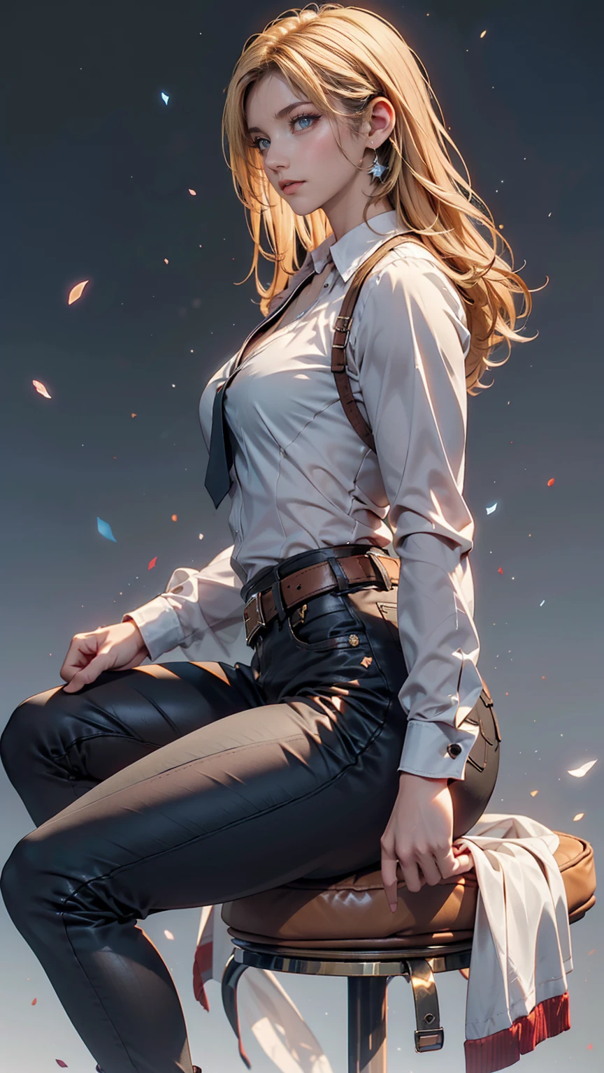 Ah Style, shingeki no kyojin,, , Krista Lentz,, One person, belt, belt buckle, Blonde, blue eyes, Brown footwear, brown pants, buckle, chest belt, collared shirt, diamond (shape), Floating Hair, From the side, whole body, Gray background, Hair between the eyes, Place your hands on your thighs, Long Hair, Long sleeve, Future outlook, with own hands, pants, Lips parted, shirt, shoes, Sitting, alone, Shine, star (symbol), Thigh straps, white shirt, , , ((masterpiece)), Highest quality, , 