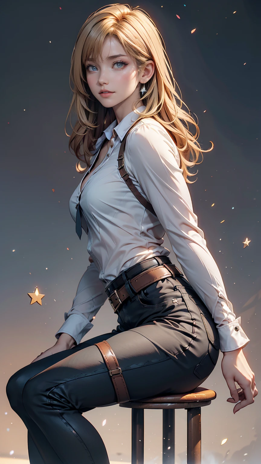 Ah Style, shingeki no kyojin,, , Krista Lentz,, One person, belt, belt buckle, Blonde, blue eyes, Brown footwear, brown pants, buckle, chest belt, collared shirt, diamond (shape), Floating Hair, From the side, whole body, Gray background, Hair between the eyes, Place your hands on your thighs, Long Hair, Long sleeve, Future outlook, with own hands, pants, Lips parted, shirt, shoes, Sitting, alone, Shine, star (symbol), Thigh straps, white shirt, , , ((masterpiece)), Highest quality, ,