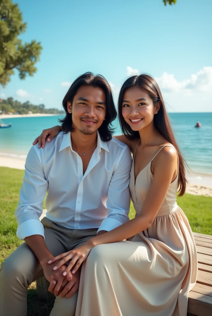 A portrait of a young Indonesian man with long straight shoulder-length hair wearing a long white slim fit shirt and a beautiful young woman wearing a long dress leaning on the man.,sitting on a bench in a beautiful park by the beautiful beach,Blue sky,Face forward to the camera,smile