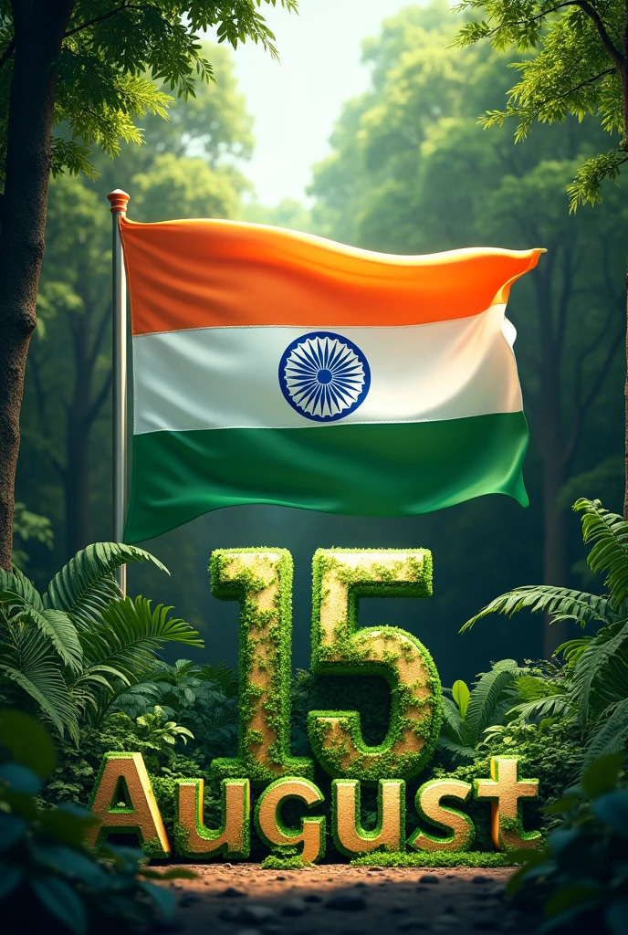 Indian Flag Big background forest advantures please style
In forest Big size"15 August" this word 3d sit this place and "15August" this word in Covered with green vines