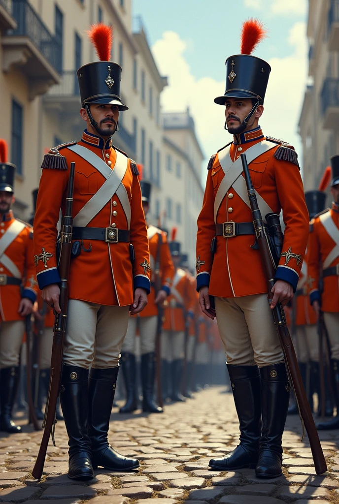 Dutch soldiers in the 1800 century wearing orange white and blue striped uniform