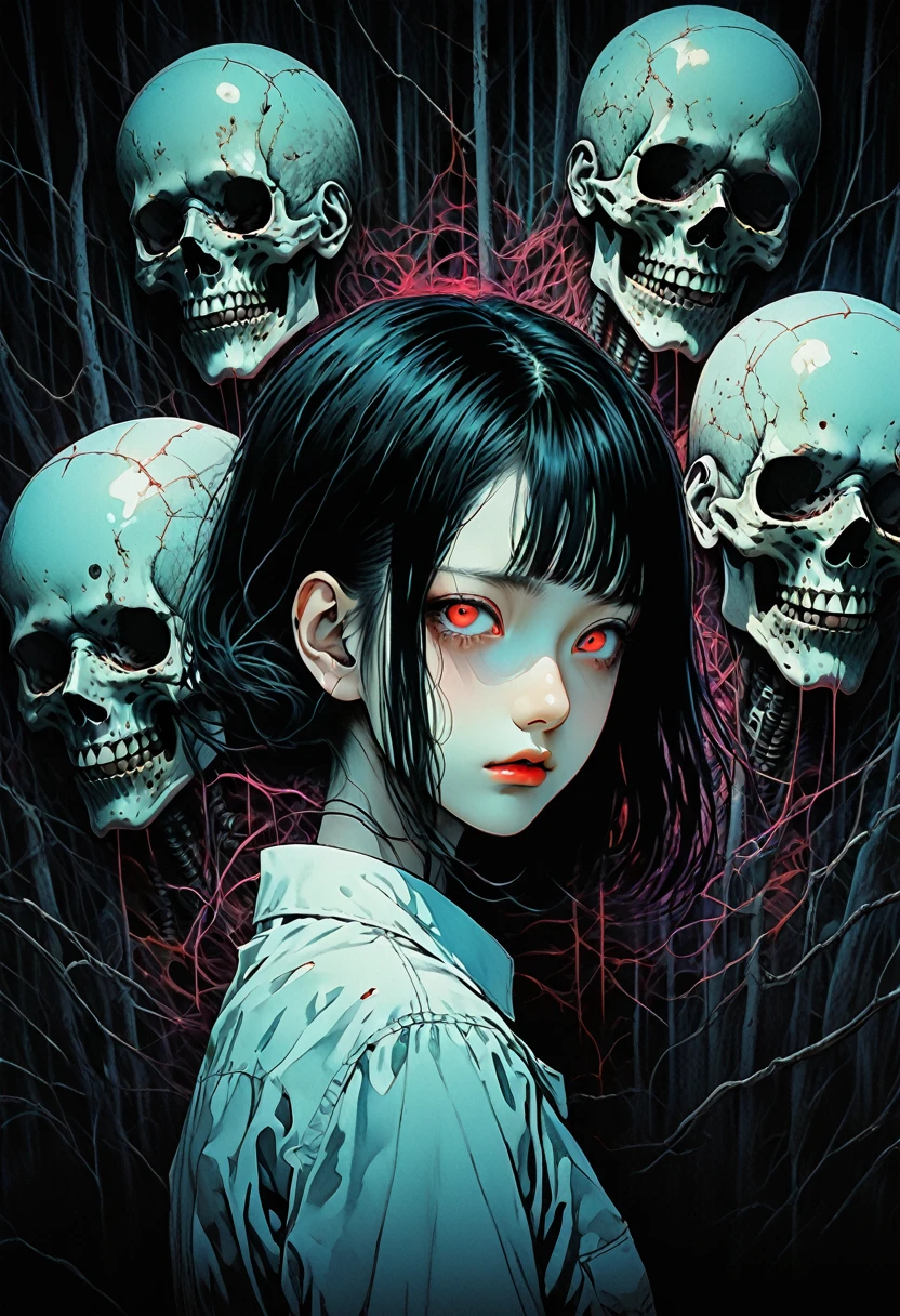 surreal horror, anime style, directed by Junji Ito, high contrast, vivid colors, eerie atmosphere, psychological tension, intricate line work, decapitated heads