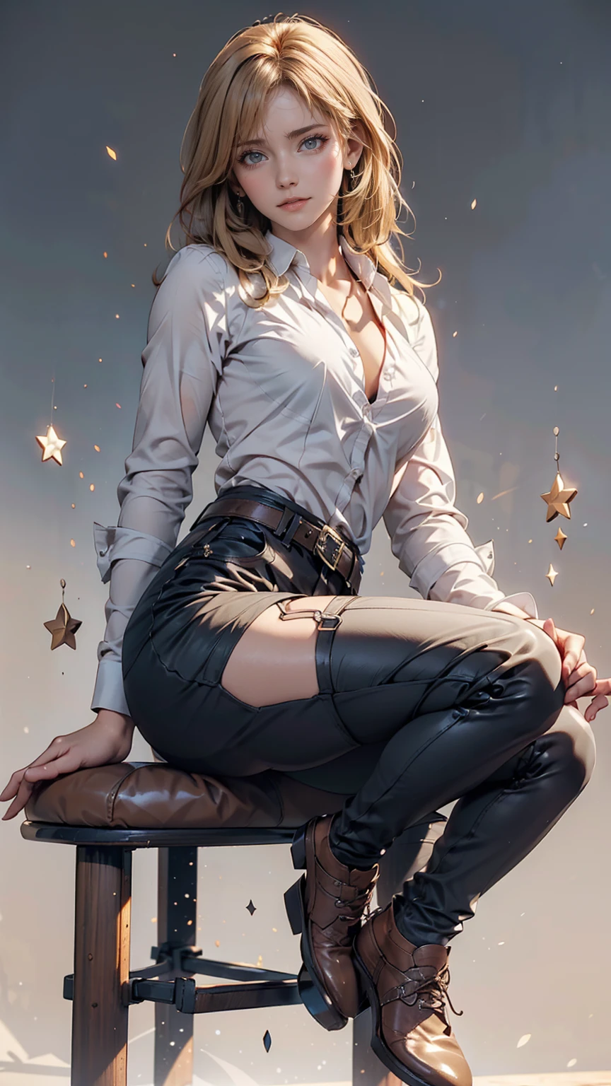 Ah Style, shingeki no kyojin,, , Krista Lentz,, One person, belt, belt buckle, Blonde, blue eyes, Brown footwear, brown pants, buckle, chest belt, collared shirt, diamond (shape), Floating Hair, From the side, whole body, Gray background, Hair between the eyes, Place your hands on your thighs, Long Hair, Long sleeve, Future outlook, with own hands, pants, Lips parted, shirt, shoes, Sitting, alone, Shine, star (symbol), Thigh straps, white shirt, , , ((masterpiece)), Highest quality, ,