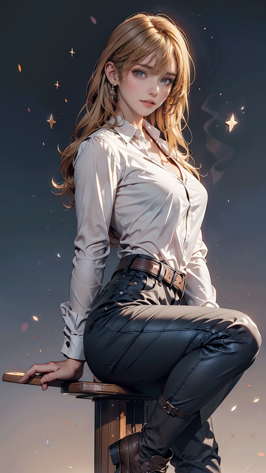 Ah Style, shingeki no kyojin,, , Krista Lentz,, One person, belt, belt buckle, Blonde, blue eyes, Brown footwear, brown pants, buckle, chest belt, collared shirt, diamond (shape), Floating Hair, From the side, whole body, Gray background, Hair between the eyes, Place your hands on your thighs, Long Hair, Long sleeve, Future outlook, with own hands, pants, Lips parted, shirt, shoes, Sitting, alone, Shine, star (symbol), Thigh straps, white shirt, , , ((masterpiece)), Highest quality, ,