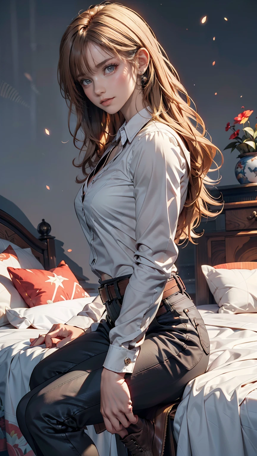 Ah Style, shingeki no kyojin,, , Krista Lentz,, One person, belt, belt buckle, Blonde, blue eyes, Brown footwear, brown pants, buckle, chest belt, collared shirt, diamond (shape), Floating Hair, From the side, whole body, Gray background, Hair between the eyes, Place your hands on your thighs, Long Hair, Long sleeve, Future outlook, with own hands, pants, Lips parted, shirt, shoes, Sitting, alone, Shine, star (symbol), Thigh straps, white shirt, , , ((masterpiece)), Highest quality, ,