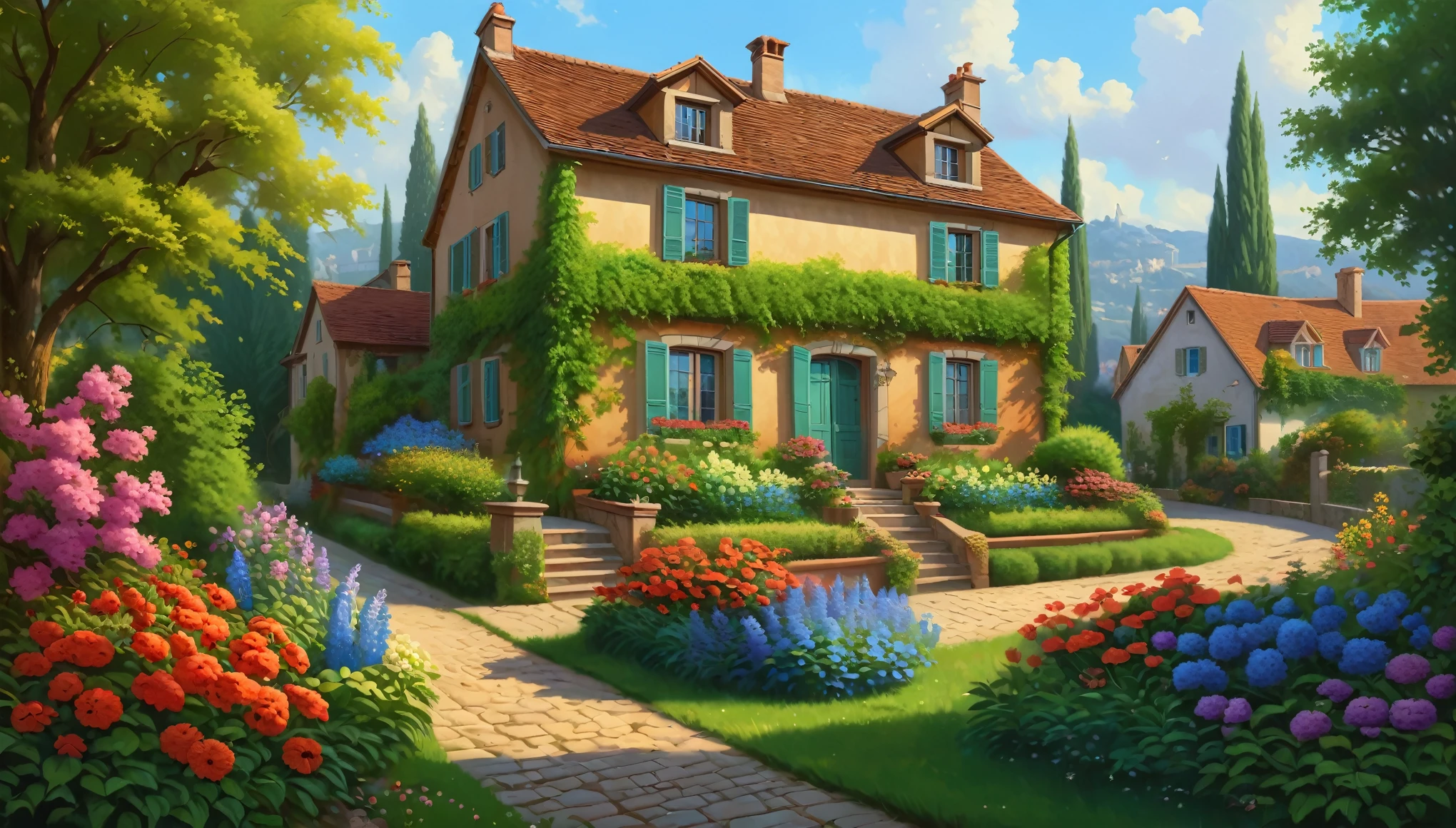 painting of a house with a garden and flowers in front of it, inspired by Evgeny Lushpin, beatiful house, detailed painting 4 k, inspired by Guido Borelli da Caluso, beautiful art uhd 4 k, by Evgeny Lushpin, french village exterior, beautiful digital artwork, ornately detailed, by Arthur Pan, rich picturesque colors