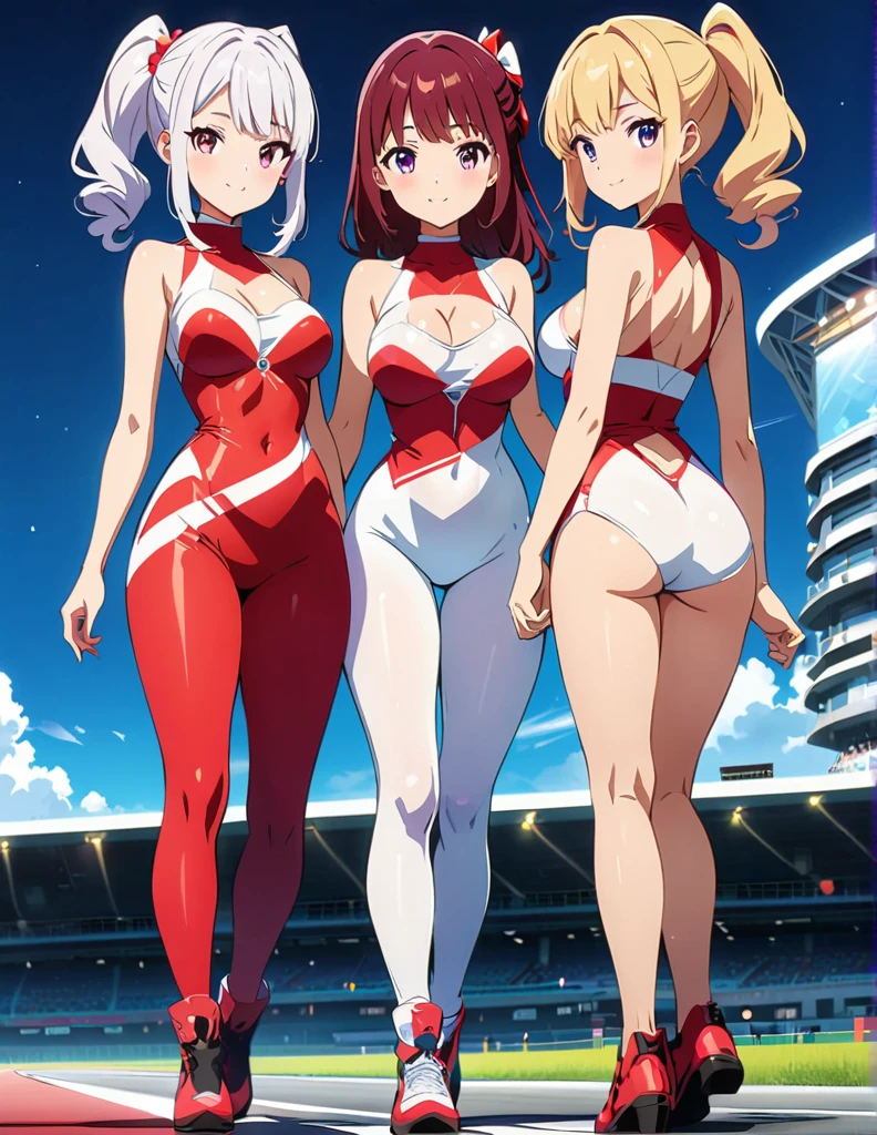 (anime artwork, anime style, studio anime, very detailed, up to date, vibrant, Anime Coloring, high contrast, masterpiece:1.2, best quality, best aesthetics),3 girl, Medium chest,random hair, One eye is hidden by the bangs, perfect proportions, high detail skin, Cute, detailed faces,racetrack,automobile races, precise fingers,curvy,paddock girl, from behind,full body, mini body con