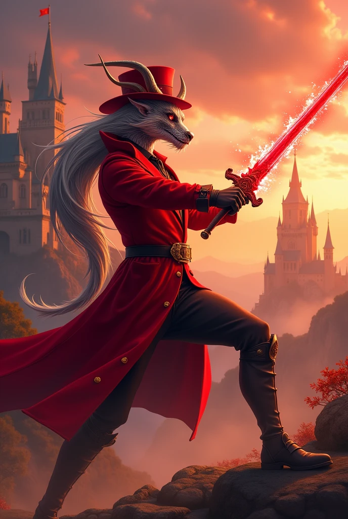 half dragon man, wearing red victorian coat, red hat, long curved horns on side of the cheeks, long silver hair, castel in background, sunset, red glowing rapier, dueling pose, realistic, intricate details, warm colors, red mage, anime style