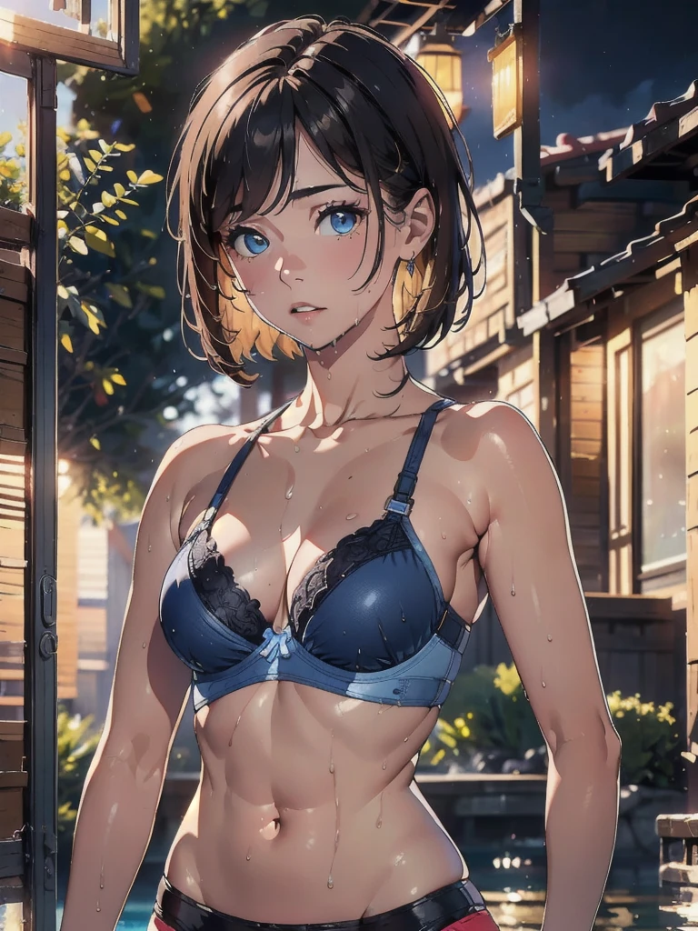 (8k, RAW Photos, Highest quality, masterpiece: 1.2), (Realistic: 1.3)、Photorealistic perfect body 、(solo:1.2)、Light brown hair, Bob Hair, Glowing Skin, Wet body, Dramatic lighting, whole body,, Blue Bra, Blue T-back, small, 15-year-old female,