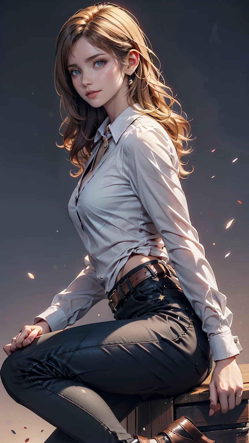 Ah Style, shingeki no kyojin,, , Krista Lentz,, One person, belt, belt buckle, Blonde, blue eyes, Brown footwear, brown pants, buckle, chest belt, collared shirt, diamond (shape), Floating Hair, From the side, whole body, Gray background, Hair between the eyes, Place your hands on your thighs, Long Hair, Long sleeve, Future outlook, with own hands, pants, Lips parted, shirt, shoes, Sitting, alone, Shine, star (symbol), Thigh straps, white shirt, , , ((masterpiece)), Highest quality, ,