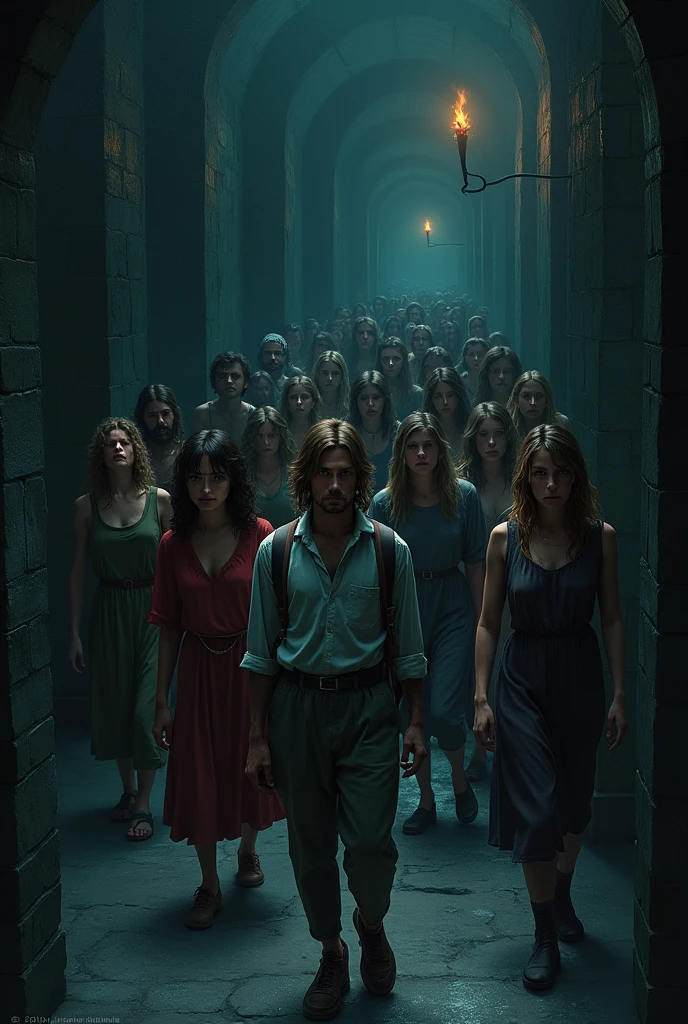 Seven men and seven women being conducted to a dark labyrinth