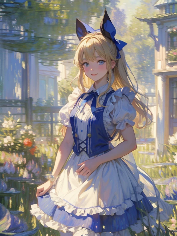 masterpiece, Highest quality, Very detailed, 16K, Ultra-high resolution, Cowboy Shot, Alice in Wonderland, (Monet:1.4), (Pointillism:1.2), , Detailed face, Mischievous Smile, blue eyes, blonde, Vertical Roll, Ribbon on head, Blue clothes, Plain white apron, 大きなclockのある部屋で, clock, 壁clock