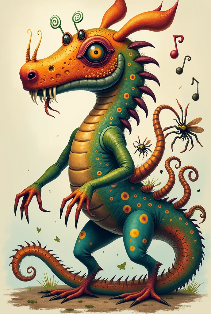 Design a creature with the characteristics of this music.

    Dango Balango Band

Dango balango
Balango dango
Dango balango
Balango dango

Dango balango
Saramangotango
Dango balango
Balango dango
Snake neck
Calango butt
Dango balango
Balango dango

Dengo Balengo
Saramengotengo
Dango balango
Balango dango
Fairy snout
Monster face
Dango balango
Balango dango

Dango balango
Balango dango

Dingo balingo
Saramingotingo
Dango balango
Balango dango
Party on Monday
Class on Sunday
Dango balango
Balango dango

Dongo Balongo
Saramongotongo
Dango balango
Balango dango
Worm face
Mosquito hand
Dango balango
Balango dango

Dango balango

Balango dango

Dungu Balungu
Saramungutungo
Dango balango
Balango dango
The monkey mob screams
What a strange song
Dango balango
Balango dango

Dango balango
Balango dango

Dango balango
Dango balango
Dango balango
Balango dango

Dango balango
Balango dango
