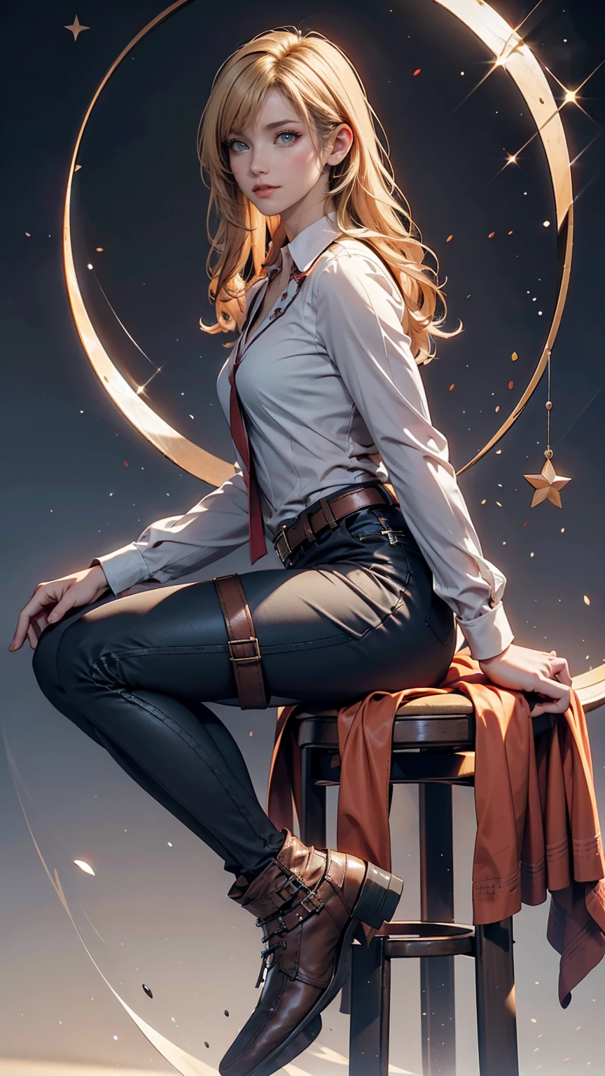 Ah Style, shingeki no kyojin,, , Krista Lentz,, One person, belt, belt buckle, Blonde, blue eyes, Brown footwear, brown pants, buckle, chest belt, collared shirt, diamond (shape), Floating Hair, From the side, whole body, Gray background, Hair between the eyes, Place your hands on your thighs, Long Hair, Long sleeve, Future outlook, with own hands, pants, Lips parted, shirt, shoes, Sitting, alone, Shine, star (symbol), Thigh straps, white shirt, , , ((masterpiece)), Highest quality, , 