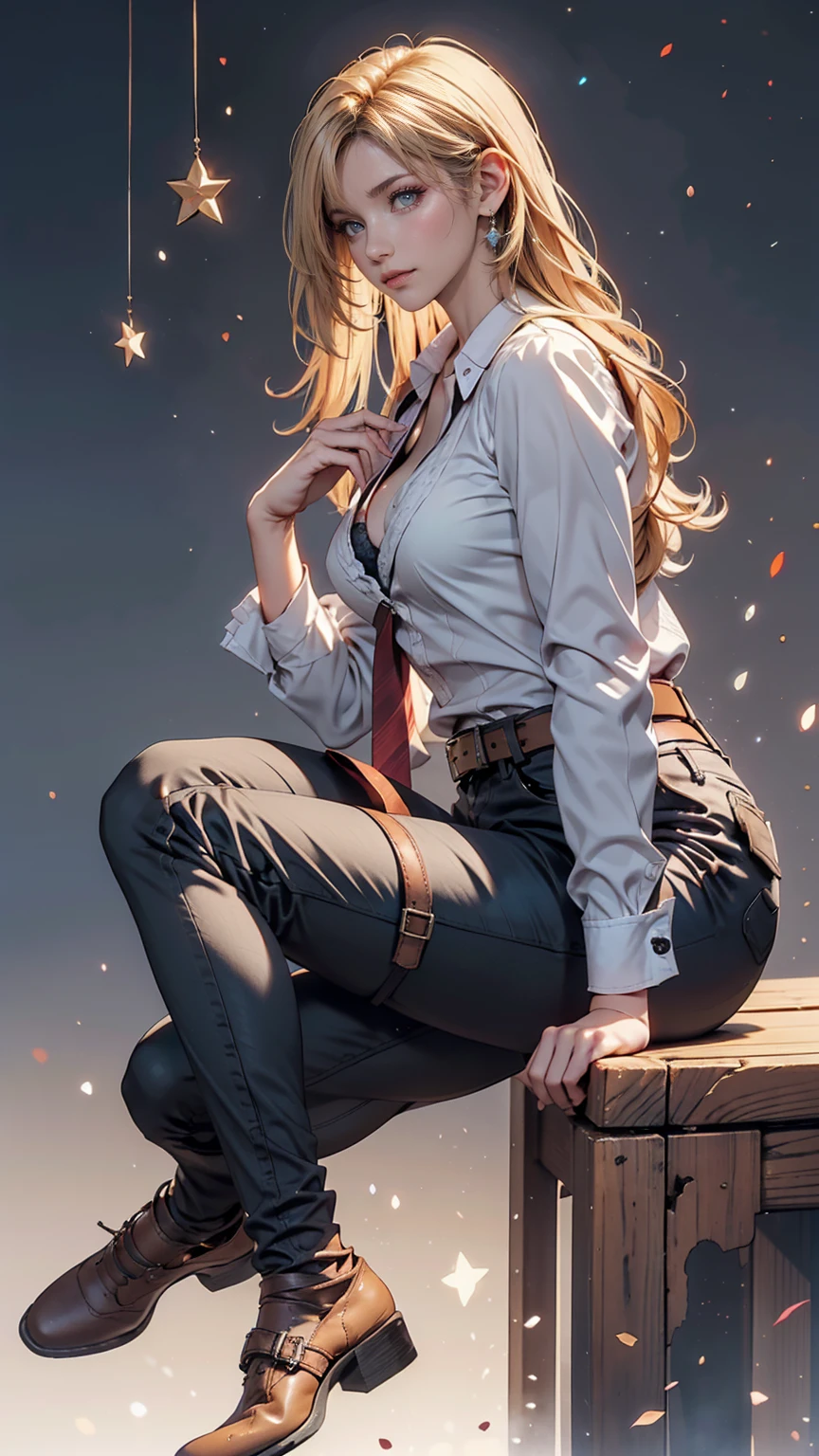 Ah Style, shingeki no kyojin,, , Krista Lentz,, One person, belt, belt buckle, Blonde, blue eyes, Brown footwear, brown pants, buckle, chest belt, collared shirt, diamond (shape), Floating Hair, From the side, whole body, Gray background, Hair between the eyes, Place your hands on your thighs, Long Hair, Long sleeve, Future outlook, with own hands, pants, Lips parted, shirt, shoes, Sitting, alone, Shine, star (symbol), Thigh straps, white shirt, , , ((masterpiece)), Highest quality, ,