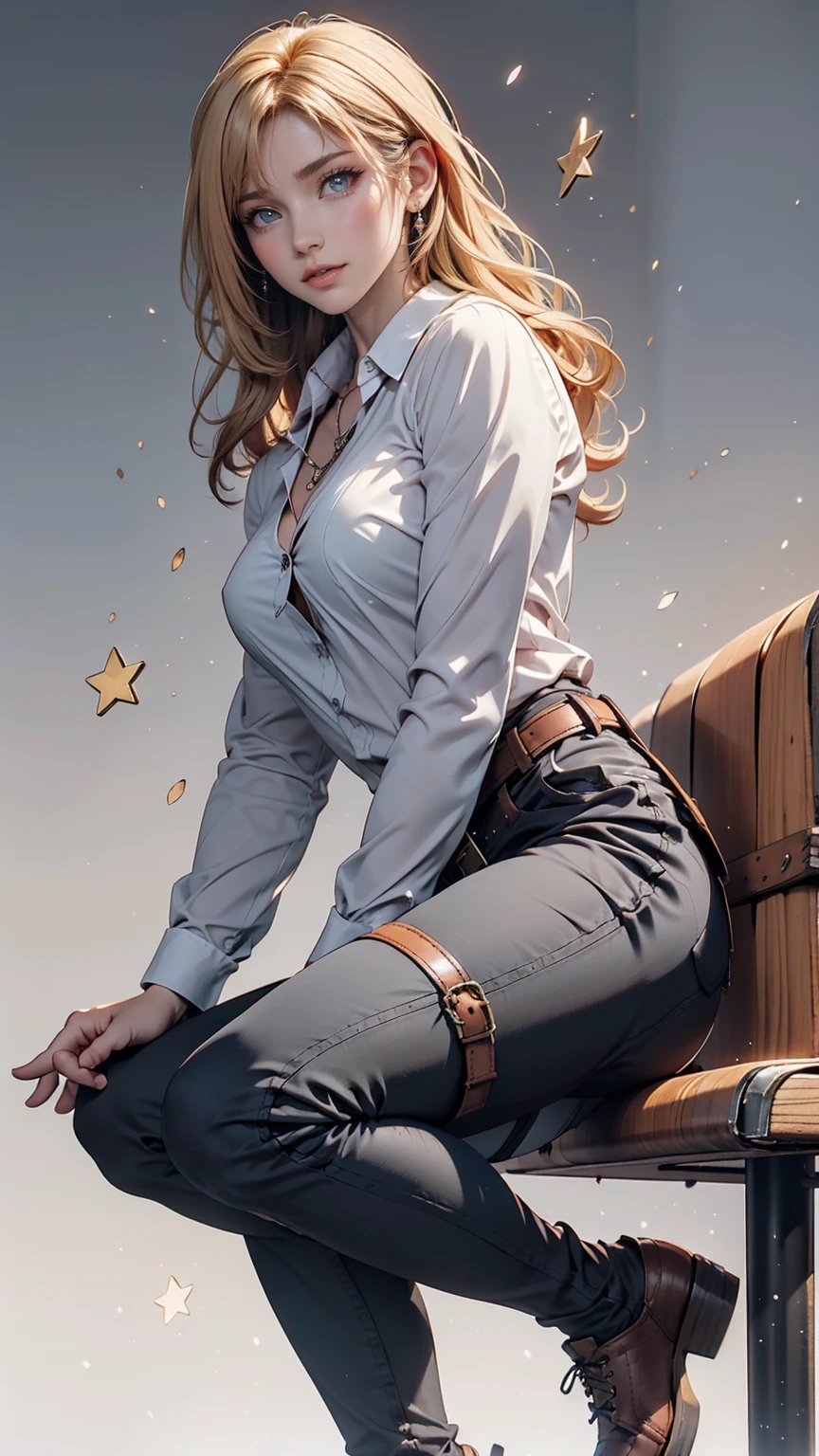 Ah Style, shingeki no kyojin,, , Krista Lentz,, One person, belt, belt buckle, Blonde, blue eyes, Brown footwear, brown pants, buckle, chest belt, collared shirt, diamond (shape), Floating Hair, From the side, whole body, Gray background, Hair between the eyes, Place your hands on your thighs, Long Hair, Long sleeve, Future outlook, with own hands, pants, Lips parted, shirt, shoes, Sitting, alone, Shine, star (symbol), Thigh straps, white shirt, , , ((masterpiece)), Highest quality, ,