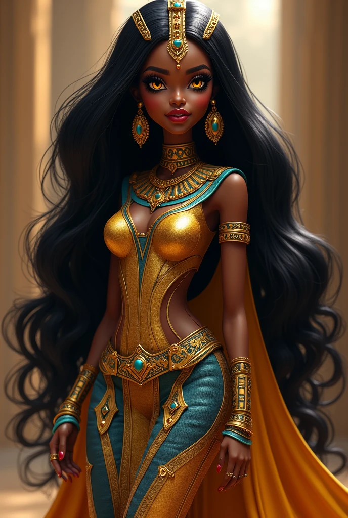 Woman based on Nefera de Nile Nefera de Nile from the Monster High series is an Egyptian-inspired monster with a very striking and elegant appearance. She is the older sister of Cleo de Nile. Here are some details about her appearance:
1. **balck hair**: Nefera hat lange, schwarzes balck hair, which is often styled in large waves. It is usually decorated with gold and turquoise accents, and she often wears a golden headdress or tiara.
2. **eyes**: Ihre eyes sind groß und betont mit langen Wimpern. You have an intensive, yellow hue and are often accentuated with striking makeup, that reflects an Egyptian style.
3. **high**: Ihre high hat einen goldenen Schimmer, which reminds her of the image of an Egyptian queen.
4. **attire**: Nefera often wears elegant, ägyptisch inspirierte attire. Her outfits are usually in colors like gold, Blue and turquoise and can have different patterns and decorations. She often combines a skin-tight dress or tunic with a long cape and a belt.
5. **accesories**: It is richly decorated with golden jewels, including necklaces, Bracelets and rings. Her look is enhanced by large, eye-catching earrings rounded.
6. **Physique**: Wie ihre Schwester Cleo hat auch Nefera einen schlanken und anmutigen Physique, which underlines her royal charisma.
Nefera de Nile exudes a majestic presence, which fits perfectly with her role as Queen of Monster High.