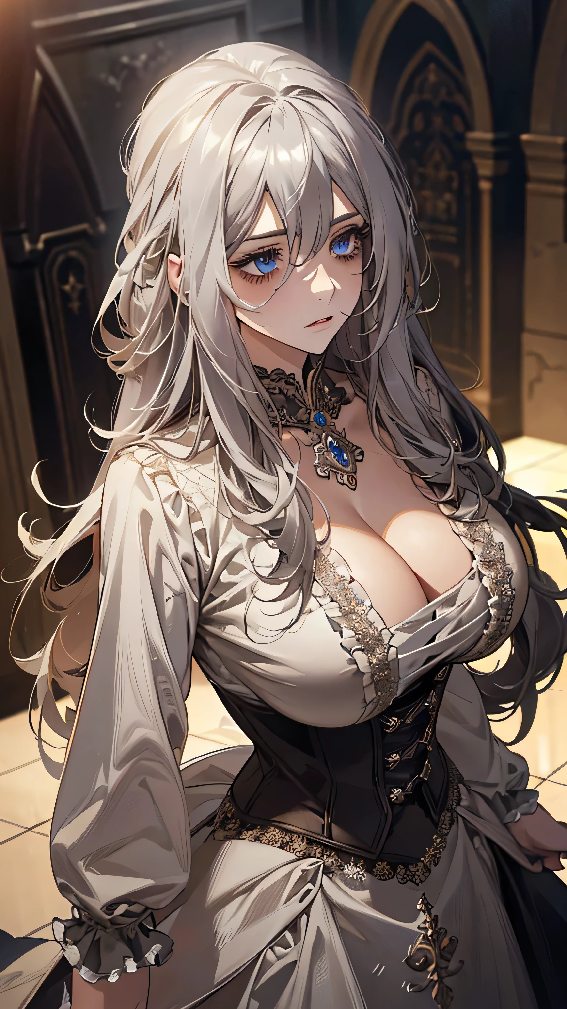 (Big Hair ,Thick hair ,Super long hair), (Expressive hair), cathedral, Headband, Cinema Lighting, Bust Chart, First Person View,Diagonal top view, Ultra-high resolution, (((masterpiece, Textured skin))), (Super Detail), Attention to detail, high quality, ((最high quality)), 16K, Upturned eyes, cute, Gothic Costume, Ruffled dress,corset,Fine Jewelry,Long silver hair,blue eyes, (Big Breasts:1.7),whole body