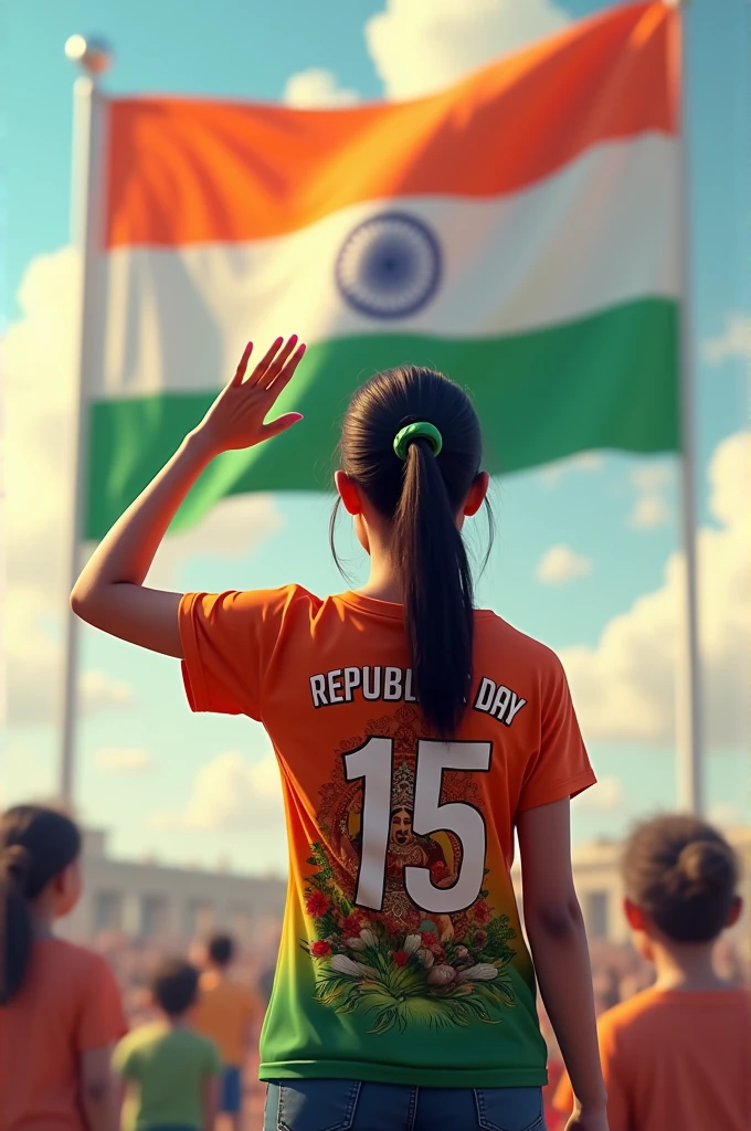 A 18 years old girl 
salutes the national flag of Bharat and he is wearing a  shirt print is like Bharat flag and “DURGA ” and 15 number and republic day in small written on it’s back in big and bold fonts, 3d illustration
