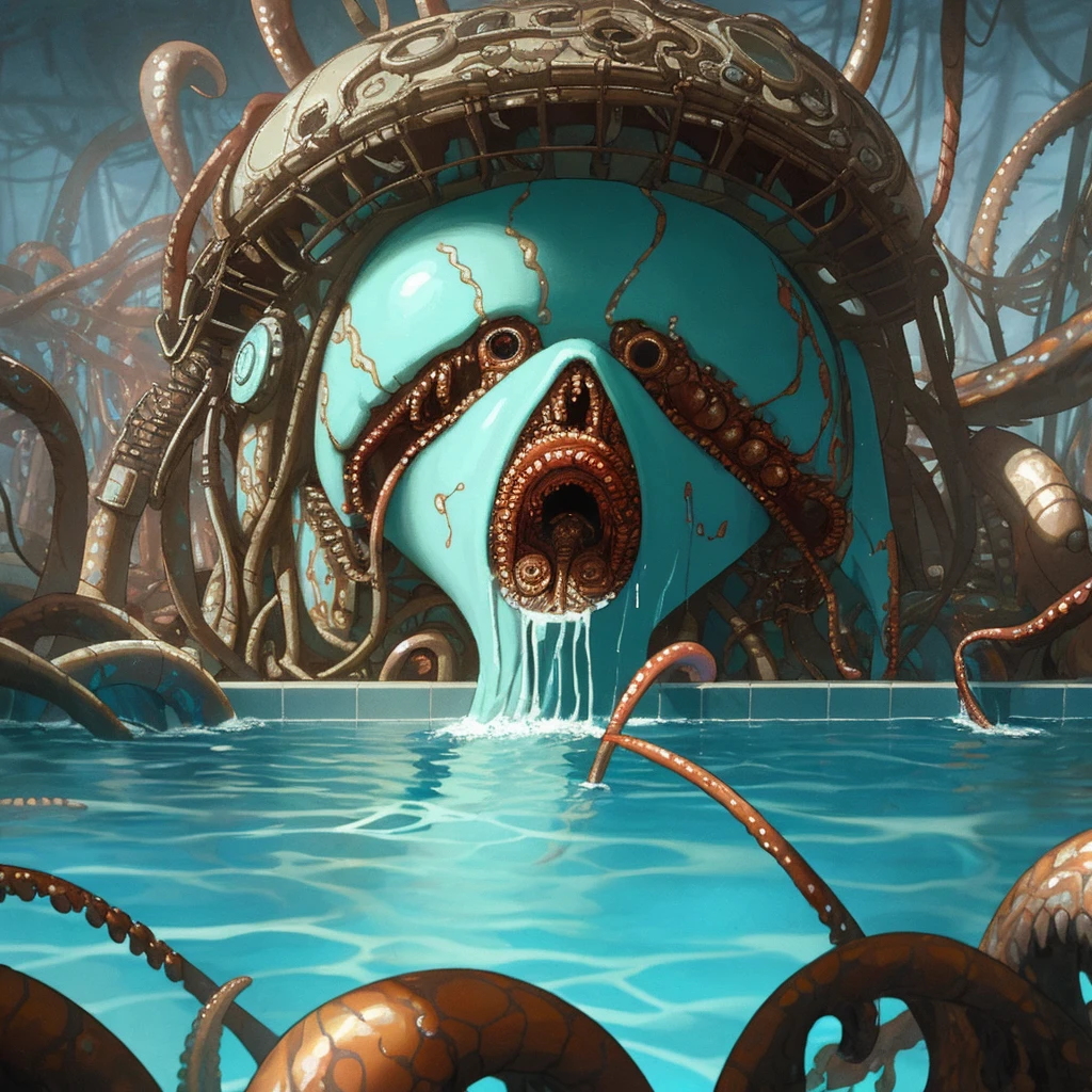 A mnemonic realm, swimming pool of brains, a tentacled monster, filled with shimmering, translucent brains. Each brain represents a forgotten memory or lost thought, and as individuals swim among them, they gain fleeting glimpses of past experiences and emotions, existential horror, inspired by retro-futuristic graphic fine art, steampunk backgrounds, acrylic on metal, metallic paints.
