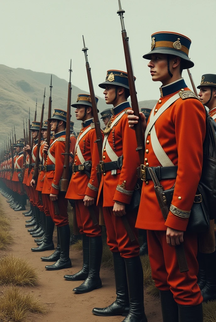 Dutch soldiers in the 1900 century wearing orange white and blue striped uniform