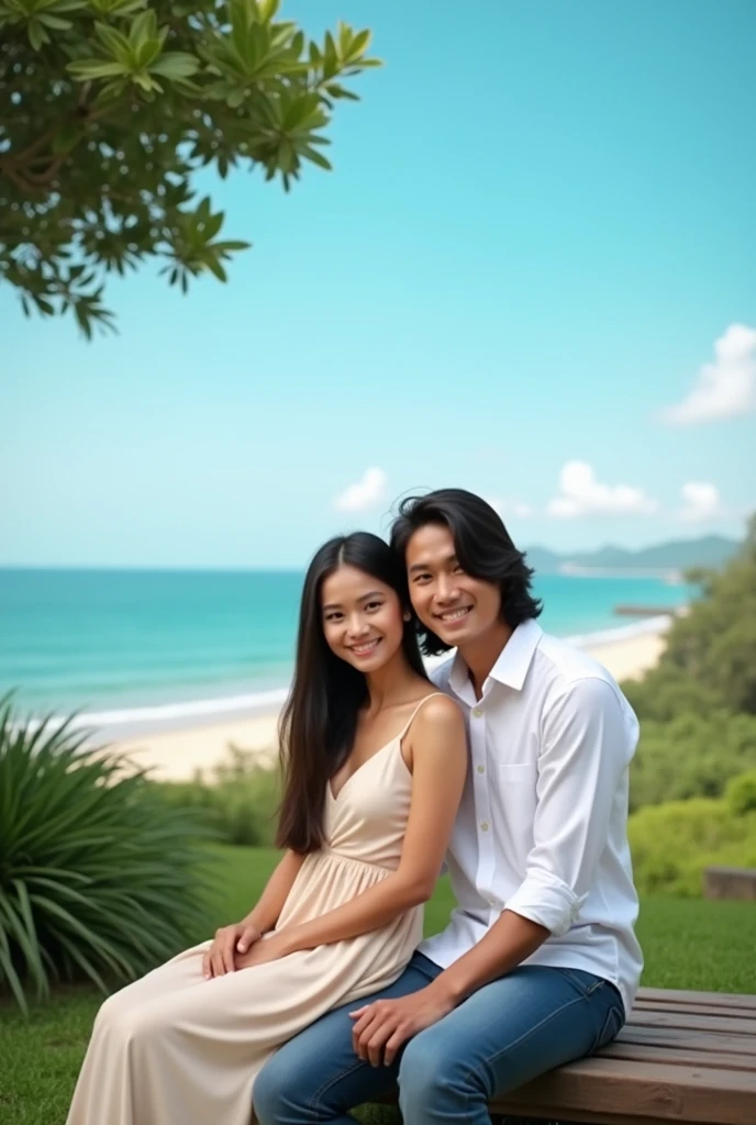 A portrait of a young Indonesian man with long straight shoulder-length hair wearing a long white slim fit shirt and a beautiful young woman wearing a long dress leaning on the man.,sitting on a bench in a beautiful park by the beautiful beach,Blue sky,Face forward to the camera,smile
