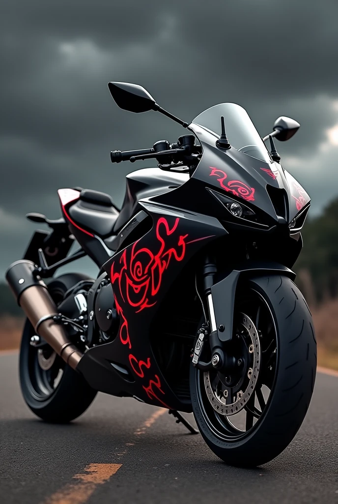 A MT15 all black bike with akatsuki clouds on it