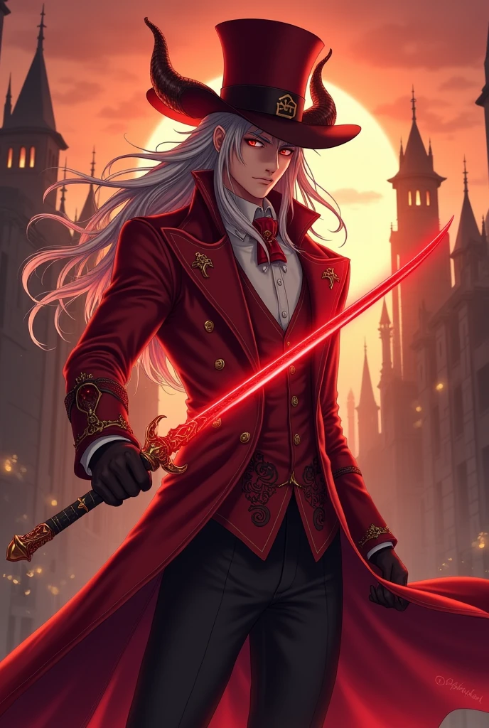 half demon man, wearing red victorian coat, red hat, long curved horns on side of the cheeks, long silver hair, castel in background, sunset, red glowing rapier, dueling pose, realistic, intricate details, warm colors, red mage, anime style