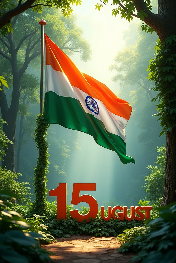 Indian Flag Big please background forest  advantures please style 
In forest Big size"15 August" this word 3d  sit this place and "15August" this word in Covered with green vines 