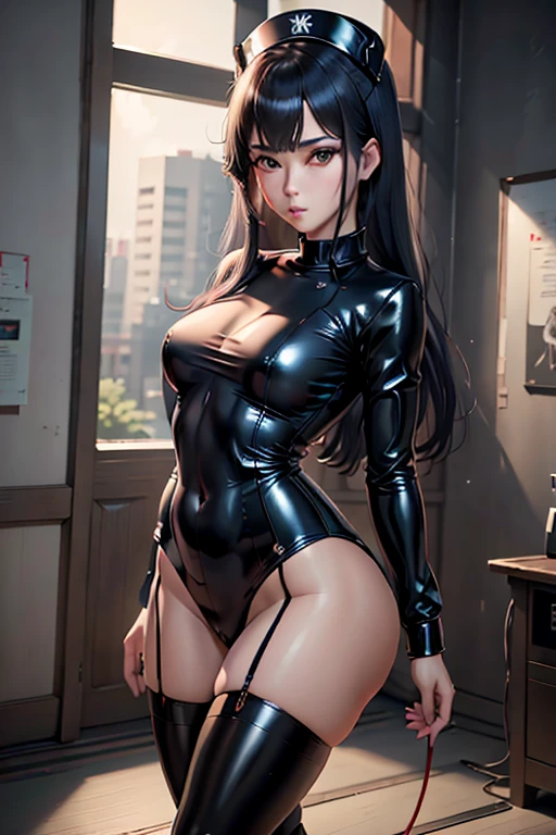 Photorealistic, high resolution, A Japanese Nurse named Jade, Solo, Hips up, view the viewer, (Detailed face), Black hair, Long hair, Black Nurse outfit with red trim, black Panties, Stockings. Fully clothed