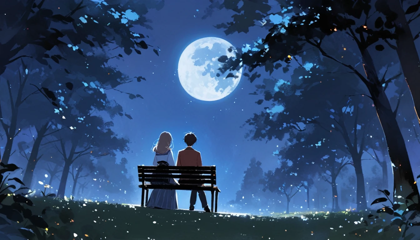 Highest quality、masterpiece、Beautiful landscape painting、night、Night Time、(((Two people sitting on a bench in a park at night、Two people sitting on a bench)))、(((Back view of man and woman、Two people standing close together)))、Back view、Beautiful Back view、Back view、dark、full moonのnight、full moon、Night bench、Meiji era costumes、Back view of two people、Long Shot、Full body angle、Dark lighting、moonlight、