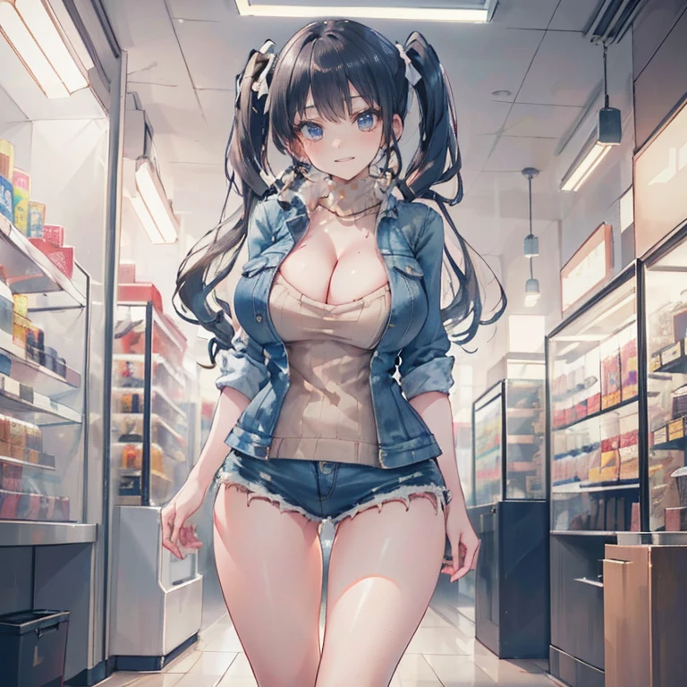 Anime Kawaii sexy Perfect Slim sensual body large breast and huge thighs, An intricate and highly detailed illustration of anime (Young girl) ((perfect anatomy, super detailed skin)), 1 girl, japanese, , shiny skin, watching the view,
beautiful hair, beautiful face, beautiful detailed eyes, (long hair:1.4, twintail:1.6), (babyface), large breasts:0.5, seductive arms, seductive thighs,
((sweater, denim shorts, denim jacket)),
(smile), walking,
(beautiful scenery), inside convenience store,
(8k, top-quality, masterpiece, extremely detailed), (photorealistic), beautiful illustration, cinematic lighting,