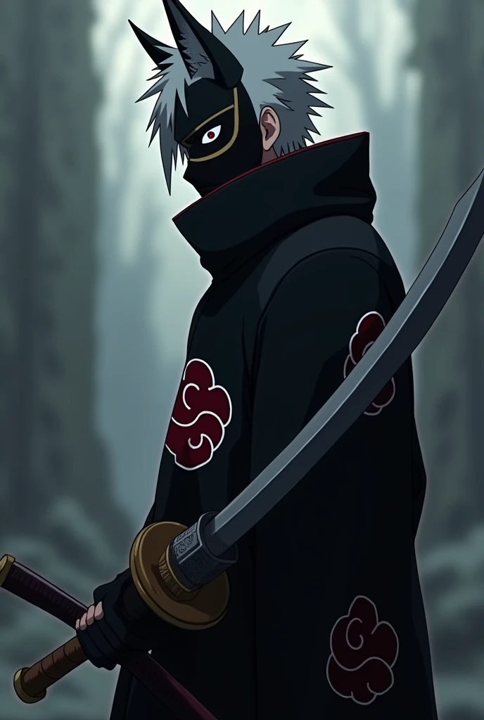 male anbu short white hair sideview, wearing akasuki robe, with a 2 handed sword. wearing black fox mask with gold line eye, anime