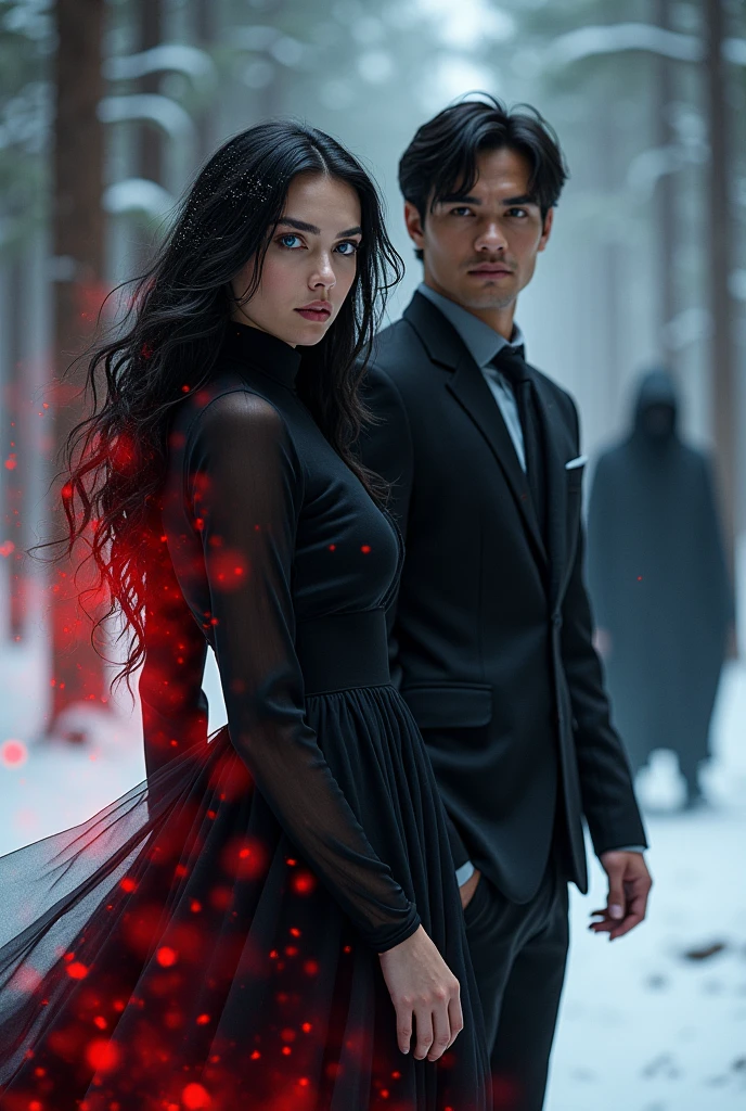 
Generate an image of a young woman, long wavy black hair, black high neck dress, blue eyes, Red lips, red energy emanating from her and her hair, in a snowy pine forest, next to a muscular young man, With a suit, medium black hair, In the background a hooded man dressed in black with his face covered