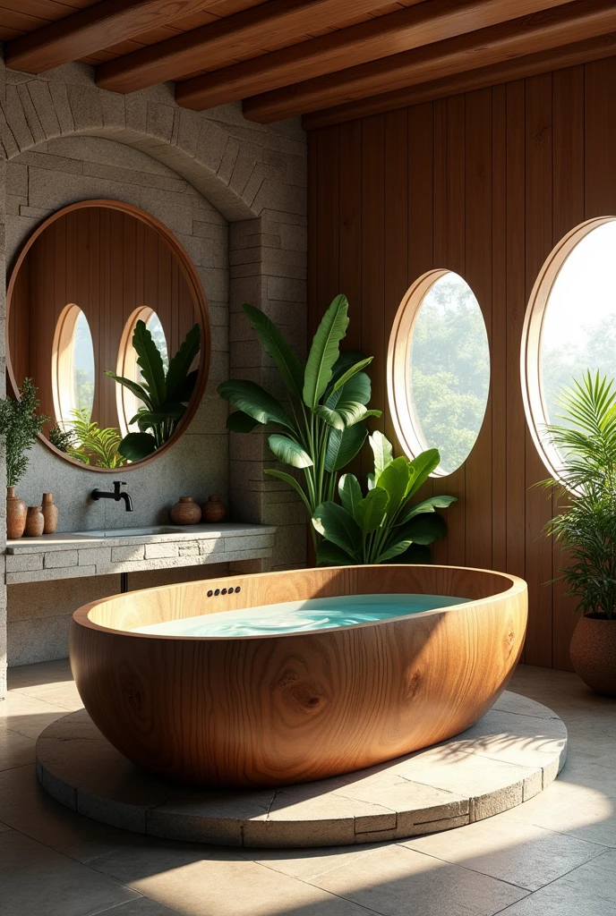 The image shows a luxurious spa-like room with a large wooden bathtub in the center. The bathtub is made of a dark wood and has a curved edge. It is filled with crystal clear water and is surrounded by a stone floor. On the left side of the bathtub, there is a stone wall with a round mirror hanging above it. The walls are made of wooden panels and there are two round windows on the right side, allowing natural light to enter the room. The room is decorated with plants and other greenery, creating a natural and rustic atmosphere. The overall ambiance of the room is warm and inviting.4k realistic