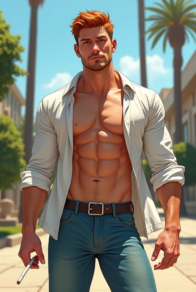 shirtless handsome manly short red hair male in open white loose long-sleeved shirt, the shirt is untucked, the shirt is sweat-drenched, soaking wet, drenched with sweat, jeans, white sneakers , sweating profusely, exhausted, smoking, sunny day. 21-year-old, no beard, clean shave