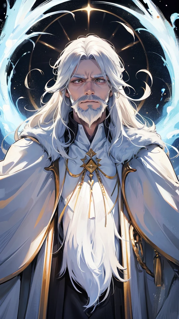 A colossal man, 700 meters tall, with muscles rippling across his entire body, his skin is white as snow. His hair is extremely long and white, and he has a long white beard. His eyes are white, emitting a faint phosphorescent glow. He looks down to see massive crowds of people from all over the world standing, gazing upwards intensely to behold him. Anger is etched upon his face.