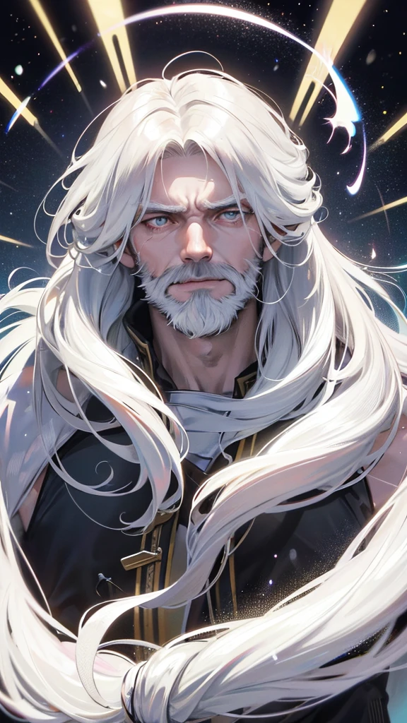 A colossal man, 700 meters tall, with muscles rippling across his entire body, his skin is white as snow. His hair is extremely long and white, and he has a long white beard. His eyes are white, emitting a faint phosphorescent glow. He looks down to see massive crowds of people from all over the world standing, gazing upwards intensely to behold him. Anger is etched upon his face.