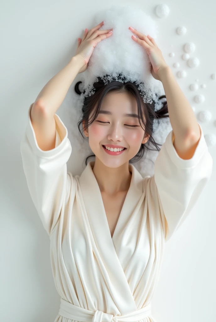 Create a beautiful woman with Asian features.,Regular facial features,Wearing a white satin bathrobe,Scratch your scalp with both hands,Two hands washing hair on top of head,There is a lot of foam and water on the head,Foam wrap head,Real bubbles,Open your eyes,The expression is happy,Upper Body,The characters are realistic and realistic,Pure white background,Character front position,9:16 frames,Ultra-high-definition picture quality
