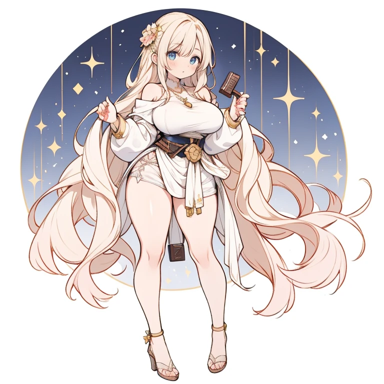 Anime Kawaii sexy Perfect Slim sensual body large breast and huge thighs, An intricate and highly detailed illustration of anime (Young girl) An extremely beautiful stunning woman with a perfect busty body, gold blonde long silky hair, big blue eyes, extremely super bright snow white fair stunning flawless glowing lush shiny flawless white skin, a perfect tight hourglass figure, and a skinny waist, sexy thick smooth luscious legs, and thighs, extremely cute smile on the face, bright pink blushes on cheeks, wearing a tight knee-length white floral dress, pink off-shoulder sweater, yellow heels, gold necklace on the neck, gold anklets on feet, gold chain on the waist, standing straight, holding a chocolate bar, garden in the background, show full body from head to feet.