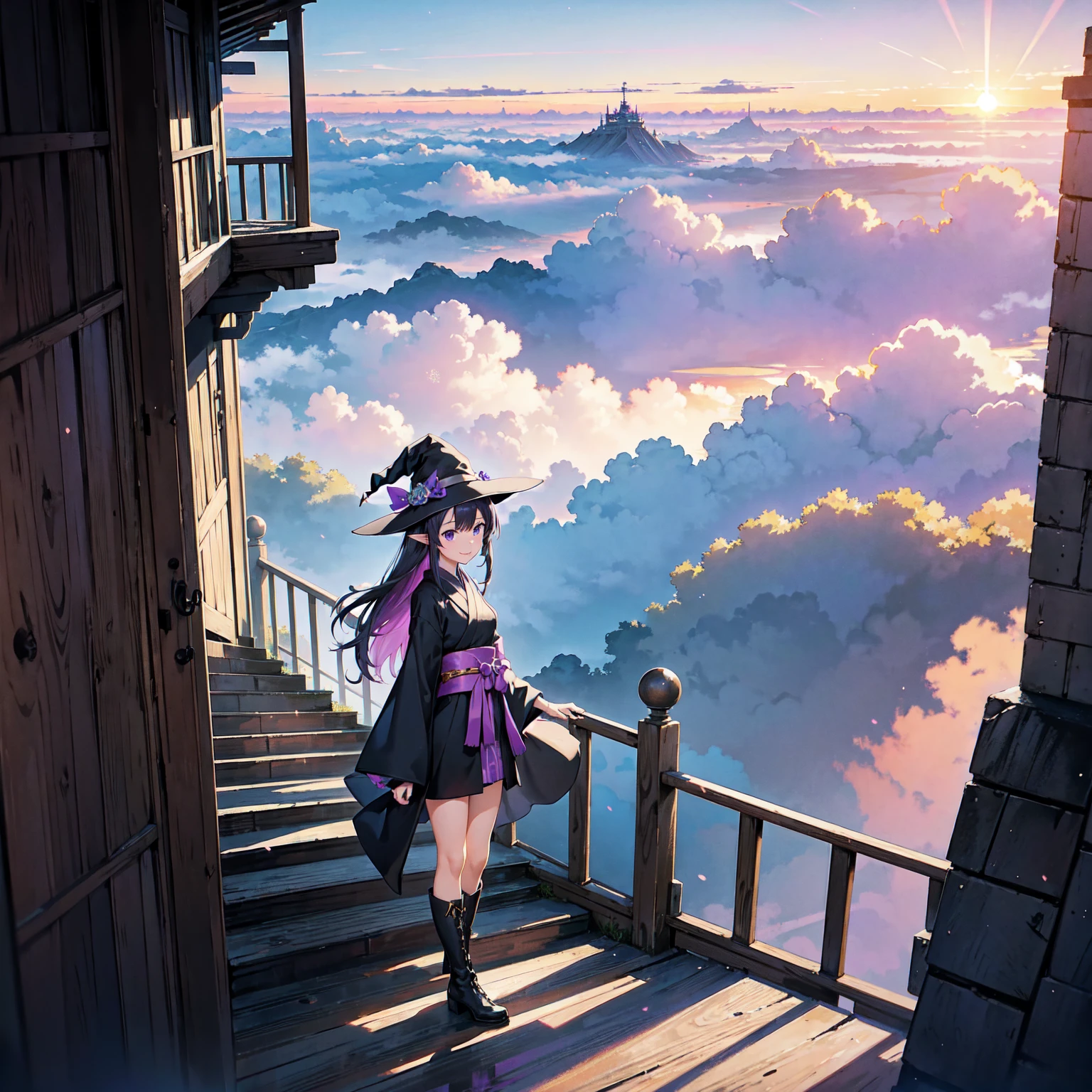 A girl with long purplish hair. A kind, full smile. Pointy elf ears. Her clothes are simple: a black robe with wide sleeves and a black miniskirt. Her knees are showing. There is a V-shaped white insert in the front, like a kimono. A witch's hat with purple ribbons on each side. Black boots. Background, bright painting, Makoto Shinkai, only endless stairs, long floating stairs, floating stairs in the air, stairs above clouds, illustration, nostalgic, vivid, above clouds, bright, fresh, sunset. A maze of connected stairs. Staircase labyrinth. Not touching land. A simple iron staircase. An old, decaying staircase.