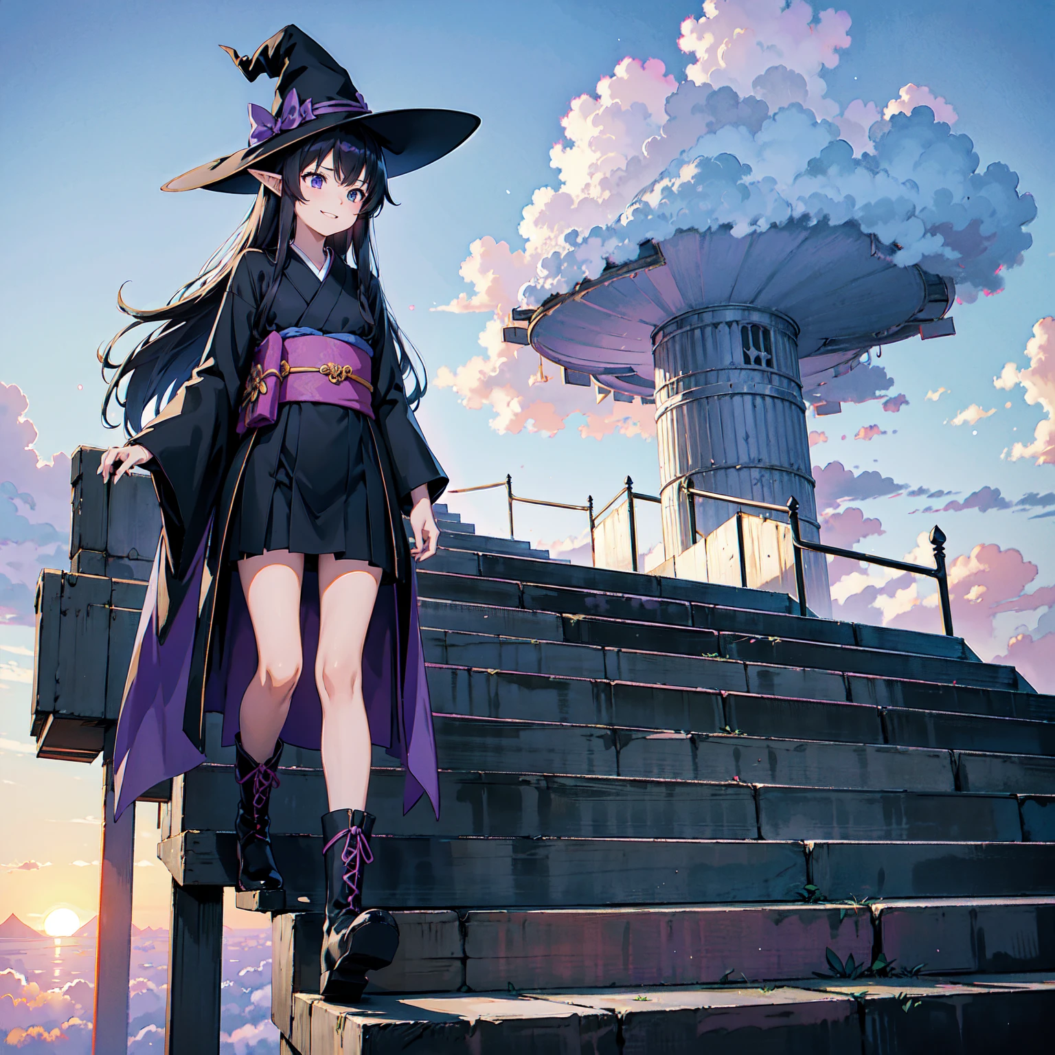 A girl with long purplish hair. A kind, full smile. Pointy elf ears. Her clothes are simple: a black robe with wide sleeves and a black miniskirt. Her knees are showing. There is a V-shaped white insert in the front, like a kimono. A witch's hat with purple ribbons on each side. Black boots. Background, bright painting, Makoto Shinkai, only endless stairs, long floating stairs, floating stairs in the air, stairs above clouds, illustration, nostalgic, vivid, above clouds, bright, fresh, sunset. A maze of connected stairs. Staircase labyrinth. Not touching land. A simple iron staircase. An old, decaying staircase.